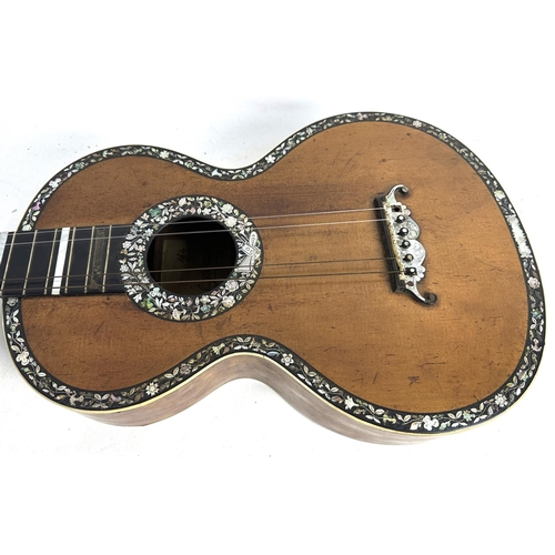 3504 - Interesting antique small bodied guitar bearing a Boosey & Sons Guitars label signed by Catharin... 