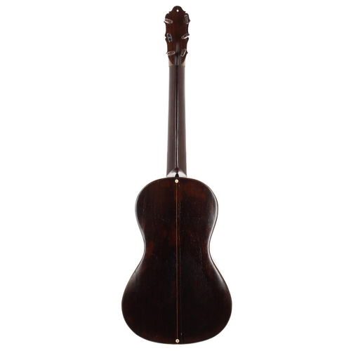 3506 - Interesting European antique small bodied guitar; Back and sides: rosewood, repaired cracks includin... 