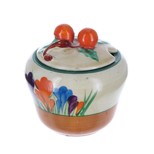 514 - Clarice Cliff Bizarre 'Crocus' berry preserve pot and cover, 3.25