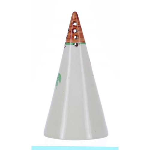 540 - Clarice Cliff conical sugar sifter painted with fruits, 5.5