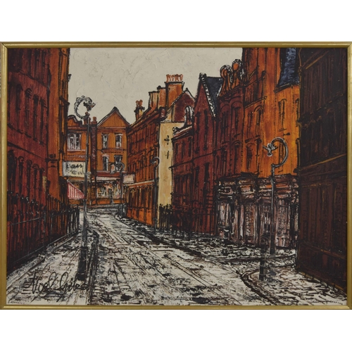 609 - Noël Gibson (1928-2005) - East End of London street scene with buildings and lamp post, signed, oil ... 