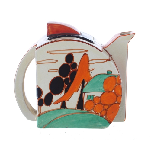 508 - Clarice Cliff Fantasque 'Orange Trees & House' Stamford teapot and cover, 4.75