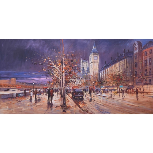 610 - Henderson Cisz (Brazilian, born 1960) - London street scene at dusk, the embankment and Westminster ... 