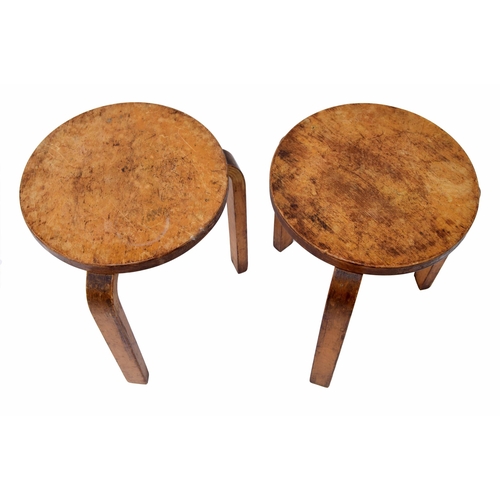 685 - Alvar Aalto for Finmar Ltd- pair of Beech ply and bentwood stools, both bearing labels for Finmar Lt... 