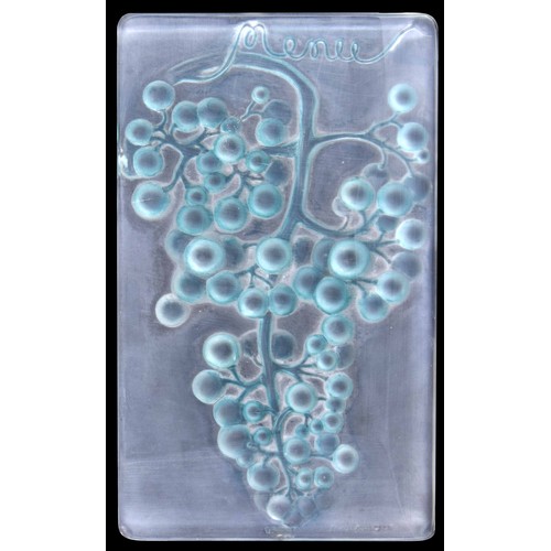 570 - René Lalique 'Raisin Muscat' glass menu plaque, relief moulded with a hanging bunch of grapes, mould... 