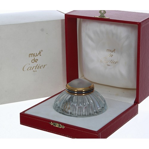 762 - Must de Cartier glass ink well, the frosted glass cabochon shaped hinged cover with bi-colour rim, o... 