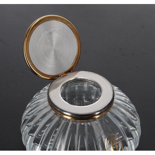 762 - Must de Cartier glass ink well, the frosted glass cabochon shaped hinged cover with bi-colour rim, o... 