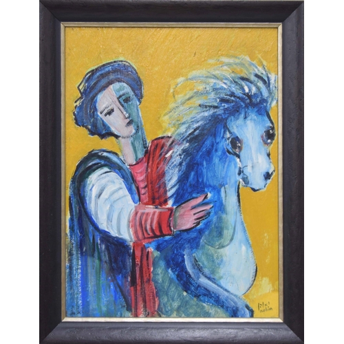 669 - Continental School (20th/21st century) - Man on a blue horse, indistinctly signed, oil on board, 18