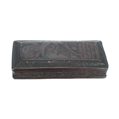 766 - Dutch 18th century copper tobacco box, engraved decorated with opposing portrait panels with text wi... 