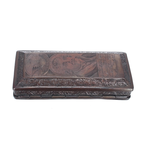 766 - Dutch 18th century copper tobacco box, engraved decorated with opposing portrait panels with text wi... 