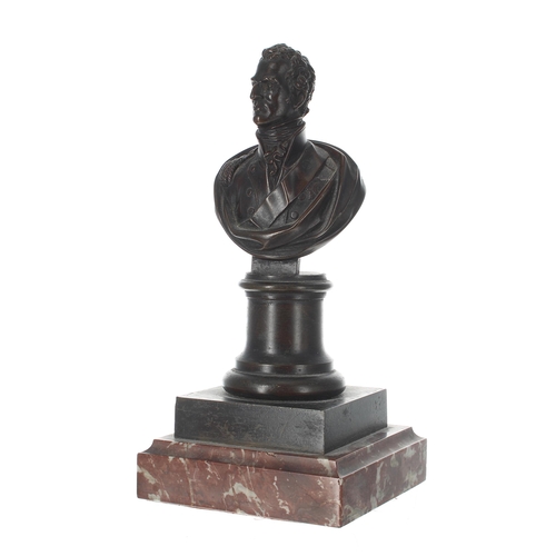 776 - Bronze figural bust of The Duke of Wellington, upon a circular column and square base, mounted upon ... 