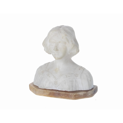 778 - Small carved alabaster bust of a lady, head and shoulders, modelled wearing a lace dress, mounted up... 