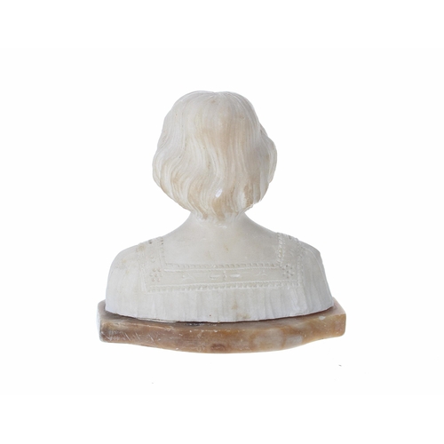 778 - Small carved alabaster bust of a lady, head and shoulders, modelled wearing a lace dress, mounted up... 