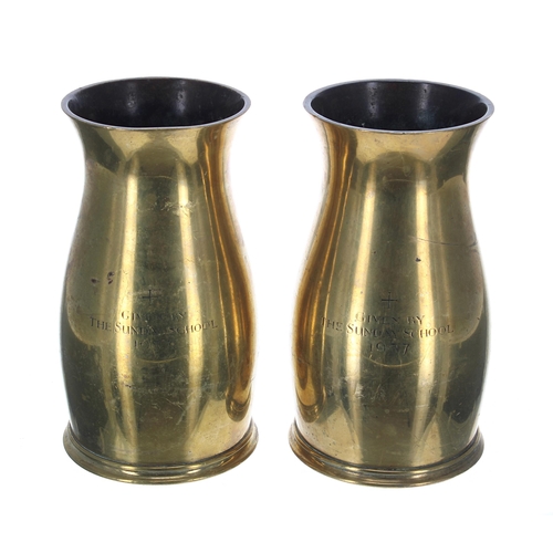 784 - Pair of heavy brass vases by J.Wippell & Co. Ltd, inscribed 'Given by The Sunday School 1937', w... 