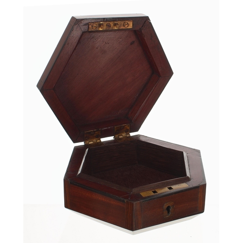 785 - Purpleheart parquetry inlaid and banded hexagonal wooden box, the satinwood inlaid hinged cover encl... 