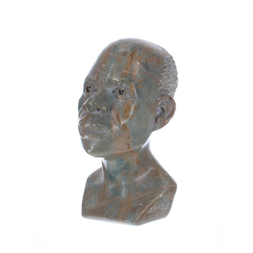 792 - African Shona stone bust sculpture of a gentleman, inscribed signed Amos to the side, 7