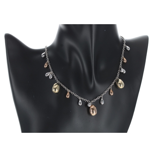 138 - Modern 9ct bicolour fringe necklace with graduated pear shaped drops, 14.2gm, 16