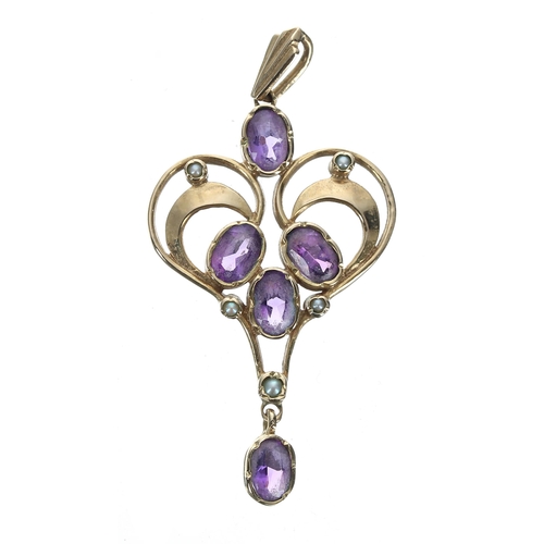 141 - Pretty Art Nouveau style 9ct amethyst and seed pearl openwork design pendant, 3.8gm, 46mm x 25mm... 