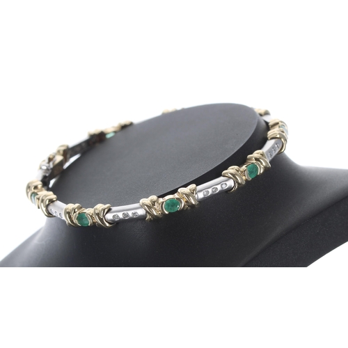 142 - Attractive 14ct bicolour emerald and diamond bracelet, 16.5gm, width 6mm, 7