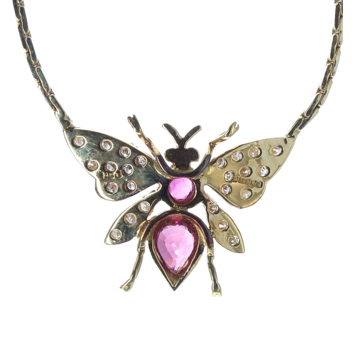 144 - Attractive 18ct yellow gold ruby and diamond fly design necklace, the pendant with two rubies 1.00ct... 