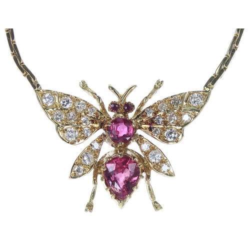 144 - Attractive 18ct yellow gold ruby and diamond fly design necklace, the pendant with two rubies 1.00ct... 