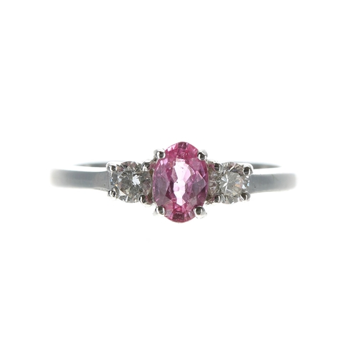 146 - Pretty modern 18ct white gold pink sapphire and diamond three stone ring, the sapphire 0.30ct approx... 