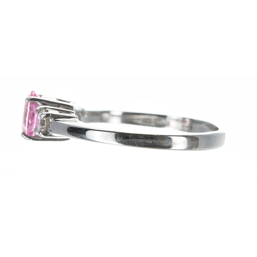 146 - Pretty modern 18ct white gold pink sapphire and diamond three stone ring, the sapphire 0.30ct approx... 