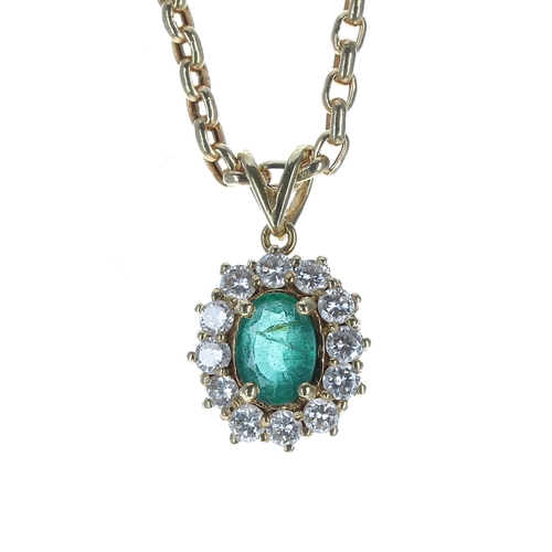 153 - Attractive 18ct yellow gold emerald and diamond oval cluster pendant and necklace, the emerald 0.65c... 