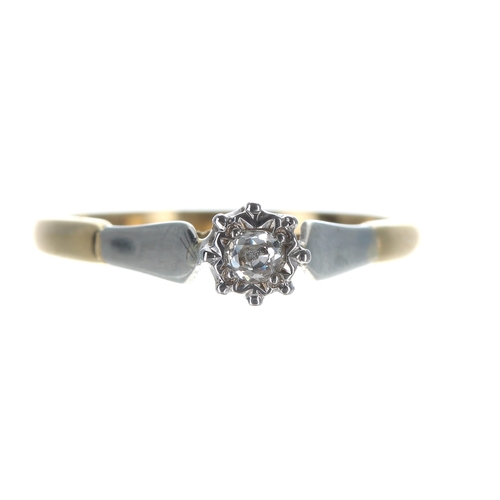 155 - 18ct bicolour solitaire diamond ring, round old-cut diamond, 0.07ct approx, width 5mm, 2.7gm, ring s... 