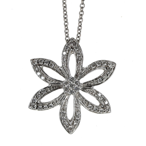 156 - Modern 18ct white gold diamond set flower design pendant on a fine chain, round brilliant-cuts, esti... 