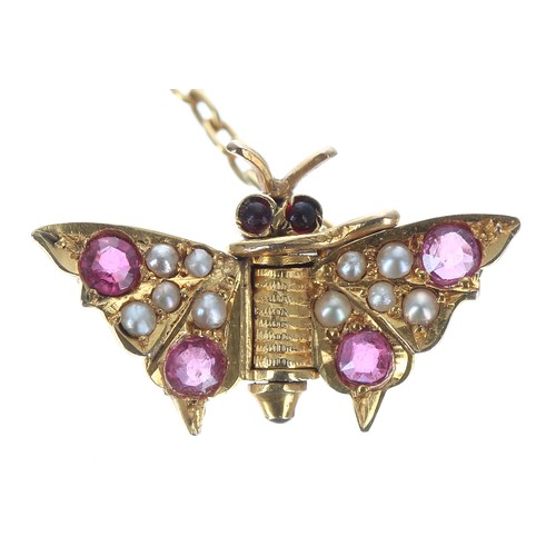 159 - Attractive miniature gold novelty fly brooch, with sprung wings set with four small round rubies, 0.... 