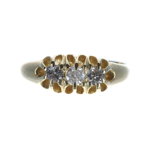 160 - Antique 18ct yellow gold claw set three stone diamond ring, round old-cuts, 0.38ct approx, width 7mm... 