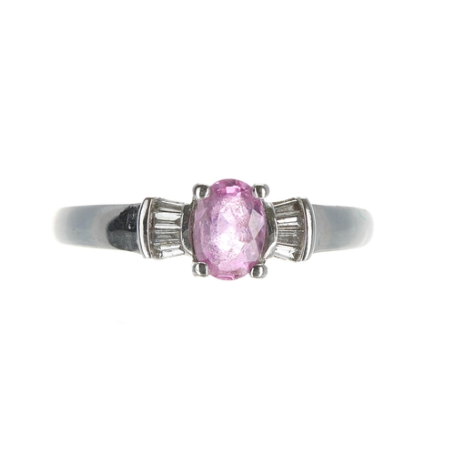 163 - Attractive modern 18ct white gold pink sapphire and tapered baguette diamond ring, the sapphire 0.50... 