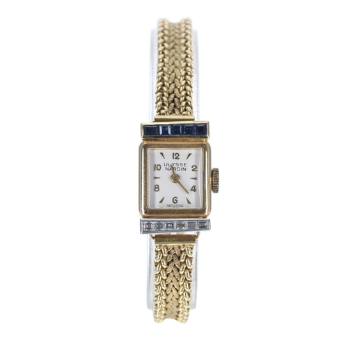 75 - Ulysse Nardin 18ct sapphire and diamond wire-lug lady's wristwatch, square silvered dial with gilt A... 