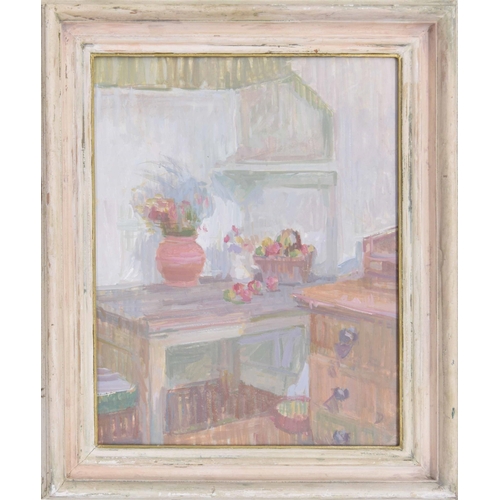 631 - Deirdre Daines (b. 1950) - Room interior with a table and chest of drawers, flowers in a vase nearby... 