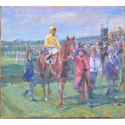 642 - Michael Coote (b. 1931) - A race horse and jockey entering a paddock, being lead by elegantly dresse... 