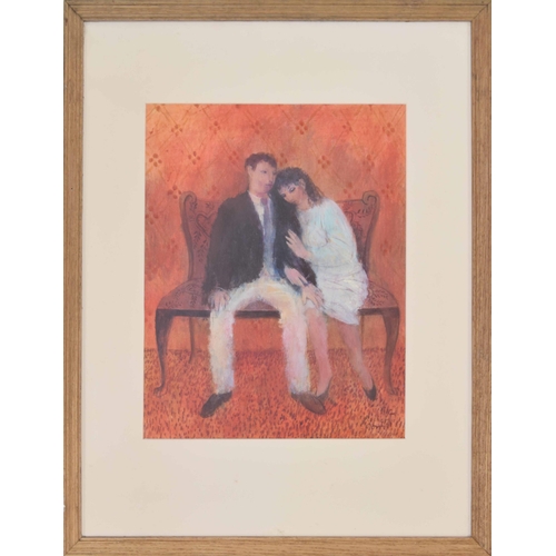 652 - Richard Sorrell PPRWS., RBA., NEAC., (b. 1948) - Young couple seated upon a chaise, signed and dated... 