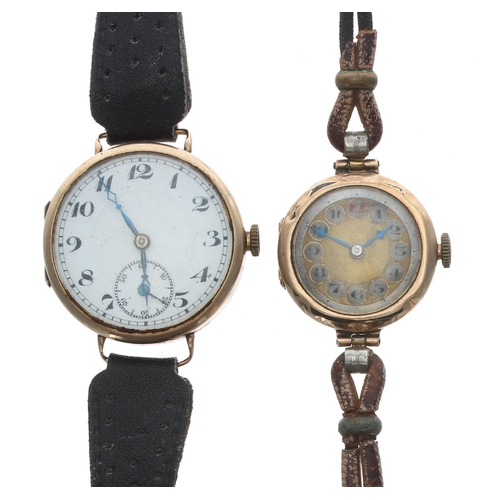 95 - 9ct wire-lug wristwatch, import hallmarks Edinburgh 1924, enamel dial, 15 jewel movement, hinged cas... 