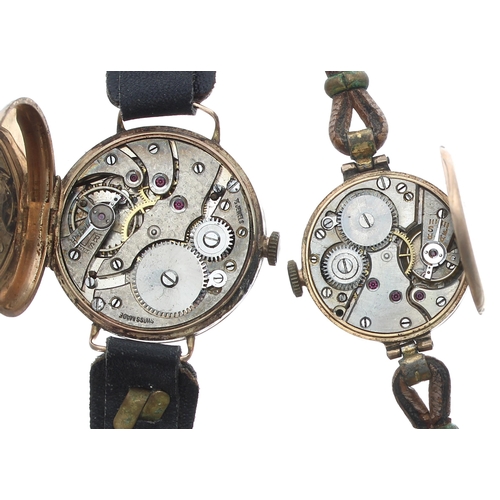 95 - 9ct wire-lug wristwatch, import hallmarks Edinburgh 1924, enamel dial, 15 jewel movement, hinged cas... 