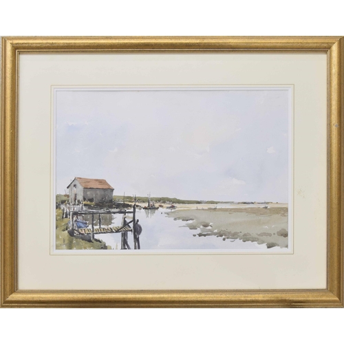 904 - Sydney Nevell (20/21st century) - Estuary scene with figures beside a wooden jetty, boats and a buil... 