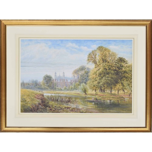 907 - William Gray (1835-1883) - Eton College chapel from the meadows, with two figures fishing in a punt ... 
