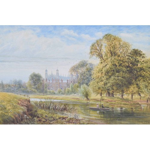 907 - William Gray (1835-1883) - Eton College chapel from the meadows, with two figures fishing in a punt ... 