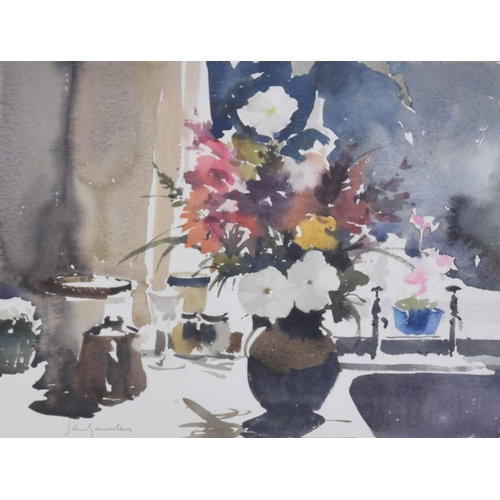 925 - John Yardley Hon., Rtd., RI., (b. 1933) - Still life of flowers in a brown vase upon a draining boar... 