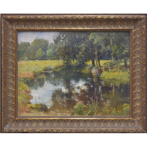 979 - Robert Edward Morrison (1852-1925) - Summer river landscape, signed, oil on board, 12