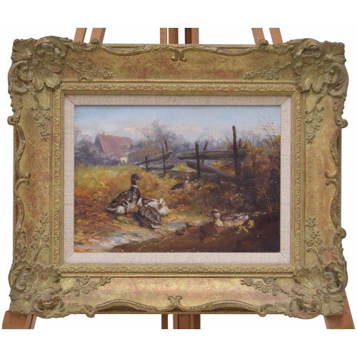 980 - Continental School (20th/21st century) - Ducks and ducklings in a stream, with a cottage beyond, ind... 