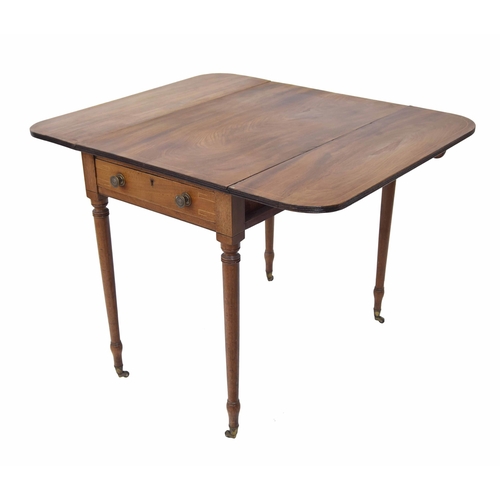 1006 - Victorian mahogany pembroke table, the drop flap top over a single frieze drawer, raised on turned l... 
