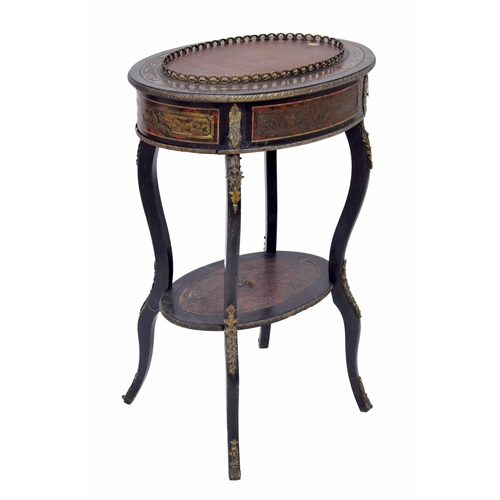 1014 - French 19th century ebonised and tortoiseshell boulle work oval jardinière stand, the top with a bra... 