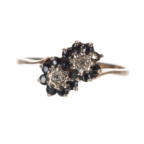 205 - 9ct sapphire and diamond double cluster ring, 9mm, 1.5gm, ring size L