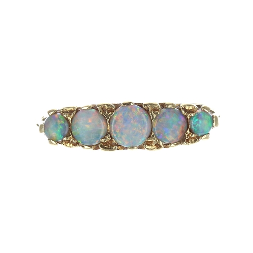 168 - 18ct five stone opal ring in a claw setting, width 6mm, 3.9gm, ring size Q