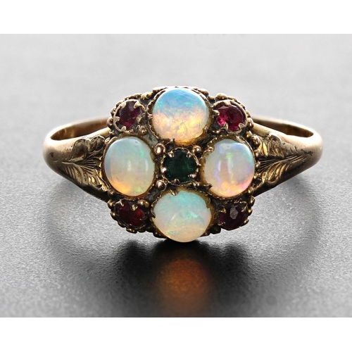 169 - Pretty Victorian 12ct cabouchon opal and gem set ring, Birmingham 1870, width 10mm, 1.5gm, ring size... 